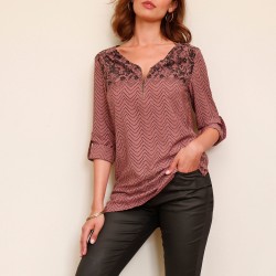 Blouse zippée imprimé dentelle - manches longues