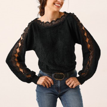 Pull macramé et dentelle - maille poilue