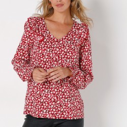 Blouse imprimée volantée, poignets élastiqués