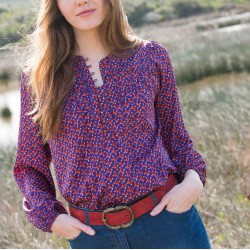 Blouse folk imprimé fleuri, manches amples élastiquées