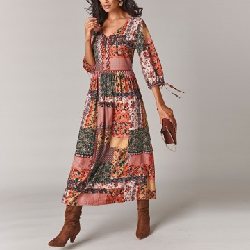 Robe longue imprimé patchwork col V