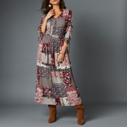 Robe longue imprimé patchwork col V