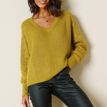 Pull col V maille fantaisie toucher mohair