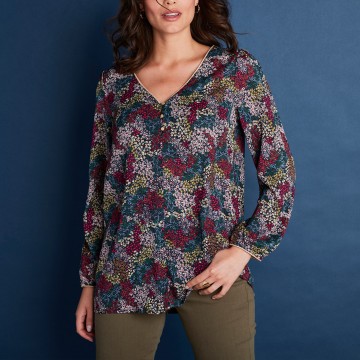 Blouse évasée détails dorés imprimé fleurs