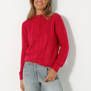 Pull col montant zippé, maille torsadée