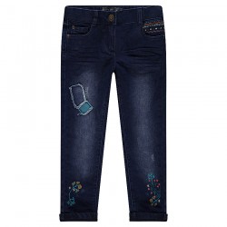 Jeans droit avec patchs et broderies doublé jersey fille