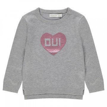 Pull en tricot gris chiné avec coeur en sequins magiques fille