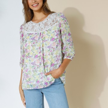 Blouse macramé imprimé fleurs, voile plumetis