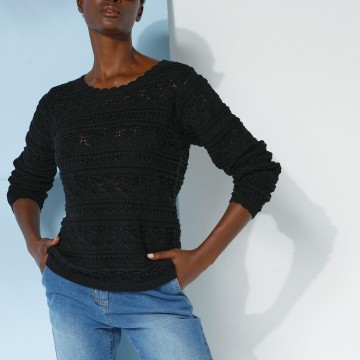 Pull col dégagé finitions écailles, maille fantaisie